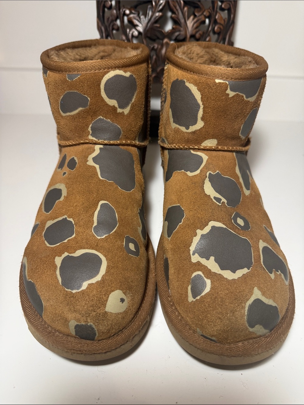 Ugg Suede Mini Appaloosa Short Shearling Boots - Brown, Cream, & Gray